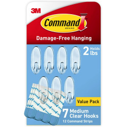 Command Medium Clear Wall Hooks, 7 Wall Hooks and 12 Command Strips, Damage-Free Hanging with Adhesive, Great for Hanging Back to Christmas Decorations, Holds up to 2 lb