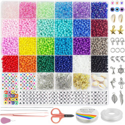 Redtwo 4mm Glass Seed Beads for Jewelry Bracelet Making Kit, Small Beads Friendship Bracelet Kit, Tiny Waist Beads with Letter Beads and Elastic String, DIY Art Craft Girls Gifts.