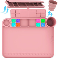 Silicone Art Mat - 17" X 13" With Cup and Palette, Raised Edge for Craft, Artist Creator Mat for Resin DIY, Coral Pink