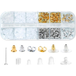 12 Styles 600 Pcs Earring Backs for Studs, Clear Plastic Earrings Hypoallergenic Metal Rubber Silicone Earring Backs Bullet Clutch Stoppers Replacement Kits for Fish Hook Earring Studs Hoops