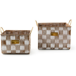 MACKENZIE-CHILDS Set of 2 Textured Check Baskets, Metal Baskets for Decor, Brown-and-White Mocha Check