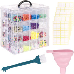 4-Tier Bead Storage Container, Craft Organizer Box with 32 Compartments, Clear Plastic Case with Handle, Includes Funnel and Brush (4-Tire Bead Organizer)