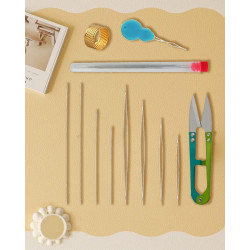 12PCS Beading Needles Set Crochet Hooks, Long Straight & Big Eye Beading Needles with Needle Threaders, Thimble, Scissors, and Storage Box for Jewelry Making, DIY Crafting