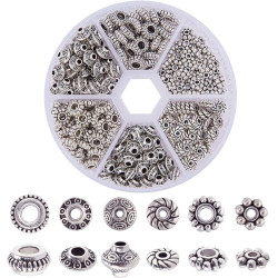 PH PandaHall 300pcs 6 Style Antique Silver Spacer Beads, Tibetan Metal Alloy Tube Spacers Flower Flat Rondelle Small Loose Beads for Bracelet Necklace Earring Jewelry Making Supplies