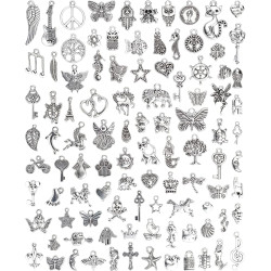JIALEEY Wholesale Bulk Lots Jewelry Making Silver Charms Mixed Smooth Tibetan Silver Metal Charms Pendants DIY for Necklace Bracelet Jewelry Making and Crafting, 100 PCS