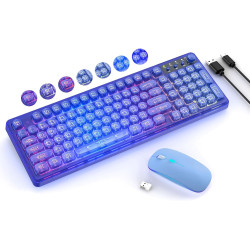 Blue Light Up Keyboard and Mouse Wireless,Cute 2.4Ghz Cordless Rechargeable Transparent Backlit Keyboard,15 Backlight Effects,Vo