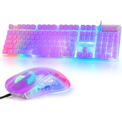 CHONCHOW RGB Gaming Keyboard and Mouse Combo,USB Wired Custom Clear Keyboards, Rainbow LED Backlight Transparent Keyboard Mouse 