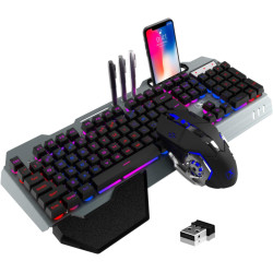 Wireless Gaming Keyboard and Mouse Combo,Rainbow LED Backlit Keyboard with Rechargeable 3800mAh Battery Metal Panel,Removable Wr