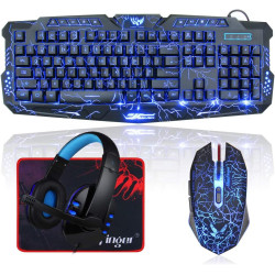 BlueFinger Backlit Gaming Keyboard, Mouse and LED Headset Combo - USB Wired 3 Color Crack Backlit, Blue LED Light Headset - Set 
