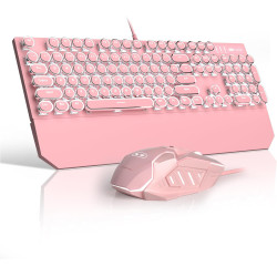 Retro Pink Typewriter-Style Keyboard and Mouse Combo, Cute Light Up Wired Mechanical Keyboard with Linear Red Switches, Full Siz