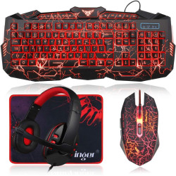 BlueFinger Gaming Keyboard Mouse Headset Combo, USB Wired Crack Backlit,114 Keys Letters Glow LED Keyboard, Red LED Light Headse