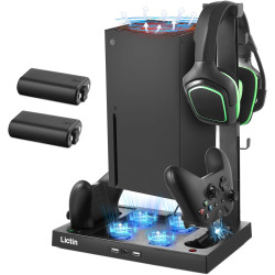 Lictin Cooling Fan Charging Station for Xbox Series X Console & Controller, Upgraded 4 Cooler Fan System Stand, Vertical Dual Charger Station Dock Accessories with 2 x 1400mAh Rechargeable Battery