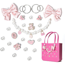 Fabric Bow Charms for Rubbet Totes Women, Pearl Chains, Accessories Charms Compatible with Bogg Bag, Insert for Beach Bags