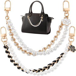 HINZIC 2Pcs Pearl Purse Chain Extender 10inch Black Gold Handbag Straps Cute Flower Metal Shoulder Crossbody Bags Short Handle Replacement Charms Accessories for Women