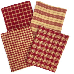 Set of 4 Fat Quarters, Primitive Red Assorted Plaid Gingham Homespun Cotton Fabric Bundle by JCS