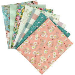 7-Piece Floral Printed Quilting Fabric Bundle, 100% Cotton Fat Quarters, 22"x22", Pink & Blue