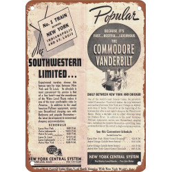 METAL SIGN - 1938 New York Central Commodore Vanderbilt - Vintage Rusty Look