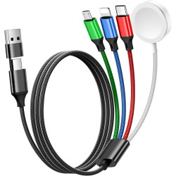 for Apple Watch Charger,4 in 2 Multi Charging Cable,Type C/Lightning/Micro USB Nylon Braided Travel Vacation Essentials Compatible with iWatch Ultra/SE/10-1,for iPhone 16-11,Galaxy Phones(5FT)