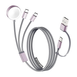 Travel Essentials for Apple Watch Charger, 3 in 2 Dual USB C Multi Charging Cable for iPhone Charger, USB C Cord Compatible with iPhone 17-15 Series/iWatch Ultra/10-1/Galaxy S25-20, iPad-Grey, 4FT