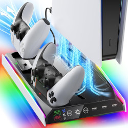 PS5/PS5 Slim/Pro Stand with Adjustable Cooling Fan for PlayStation Consoles, PS5 Cooling Stand for PS5/PS5 Slim/Pro, PS5 Cooling Station with Dual Controller Chargers and RGB Light