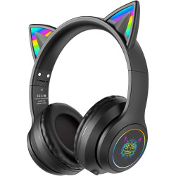 Bluetooth Cat Ear Headphones for Kids & Adults, Wireless & Wired Mode Foldable Headset with Mic - Clear Sound Quality - RGB LED Light, for Girls School Gaming, for Phone/Laptop/PC/Tablet, Black