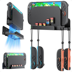 [Switch 2/1/OLED Compatible] Auarte Metal Wall Mount for Nintendo Switch 2 Console 2025, Switch 2 Accessories Organizer Shelf Base Kit Behind TV with 5 Card Slots and 4 Joy-con Hanger, Carbon Black